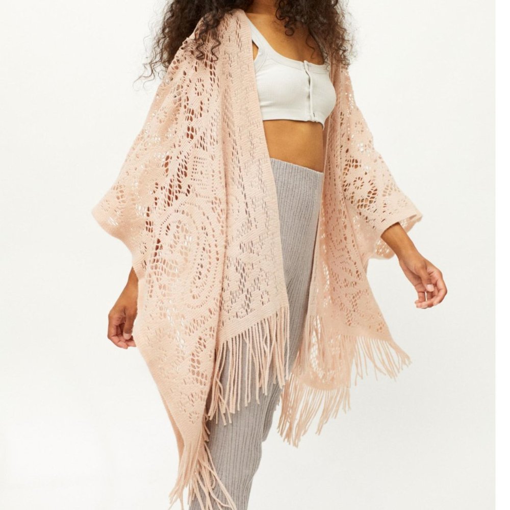 NWT urban outfitters Delicate knit ruana with crochet patterning and tassel trim